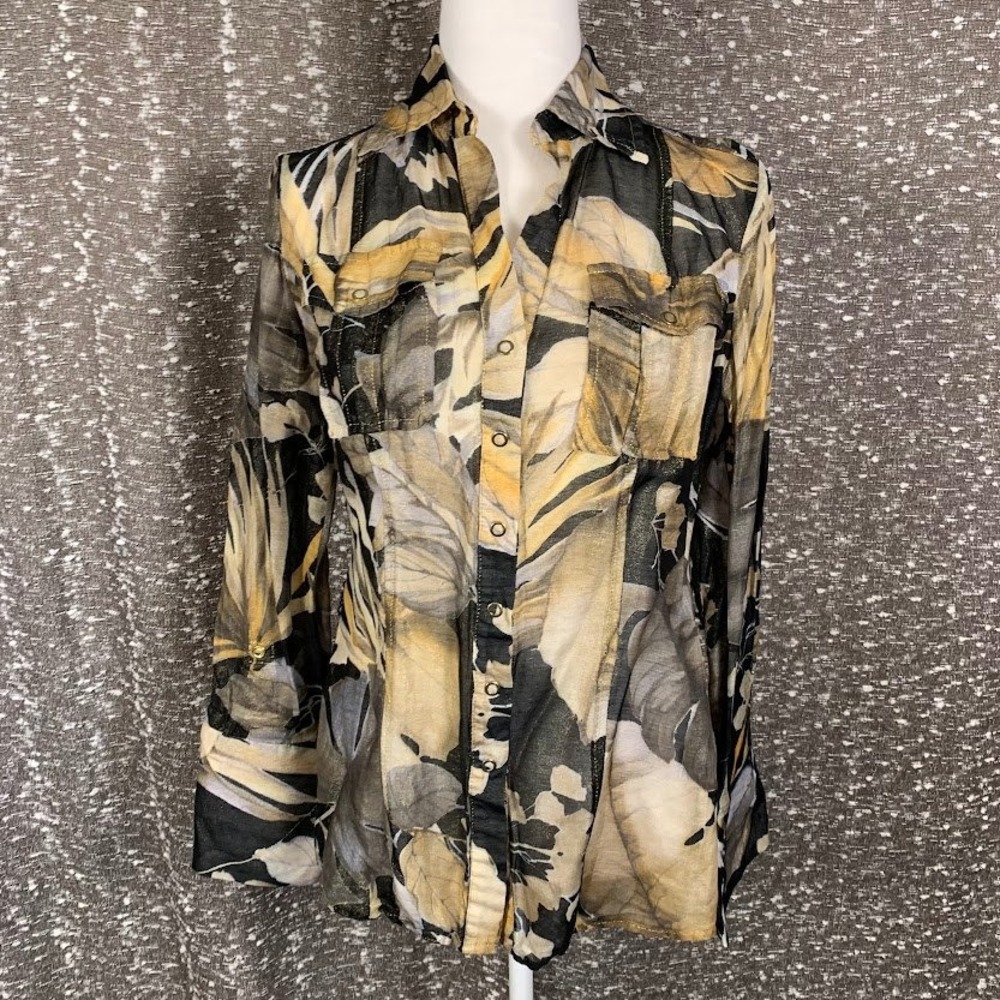 Cache Tropical Print Roll Tab Blouse Long Sleeve Linen Blend Boho Women's Medium